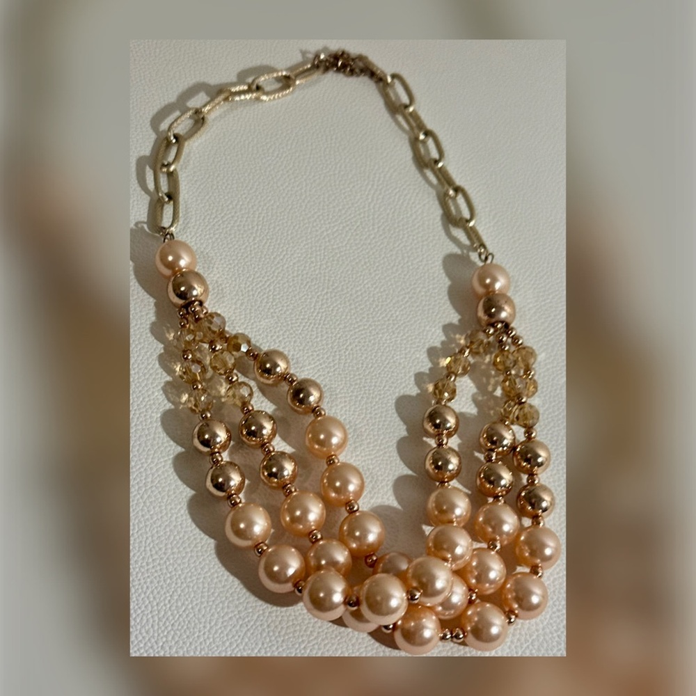 Gold Tone Chain & Champagne Pearl Beaded Statement Necklace • Layered Cluster